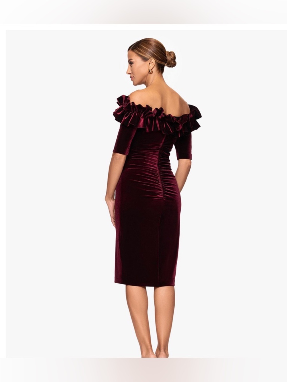 Xscape One-Shoulder Ruffle Velvet Sheath Dress - Burgundy - Picture 4 of 6